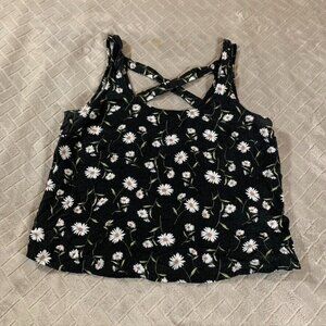 Forever 21 Womens Small Tank Top Blouse Cropped Black Daisy Ditsy Sleeveless
